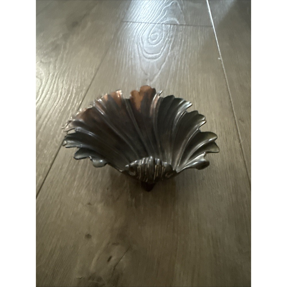 Vintage Metal Scallop Seashell Footed Trinket Dish Bowl Tray Marked
